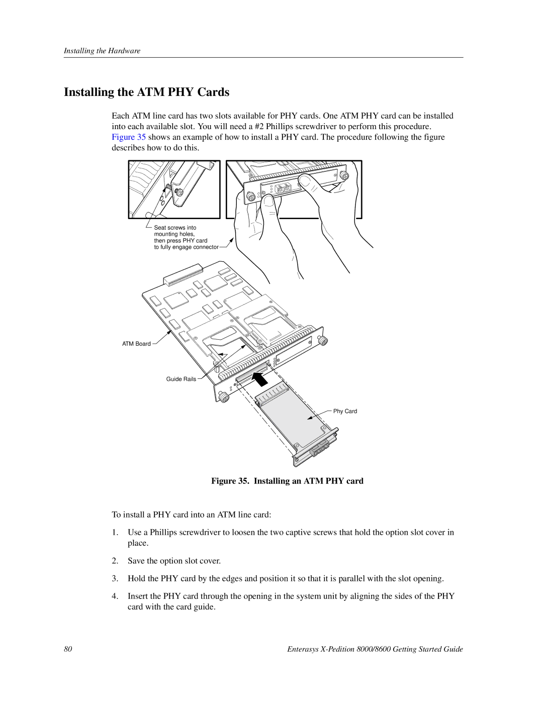 Enterasys Networks 8000/8600 manual Installing the ATM PHY Cards, Installing an ATM PHY card 