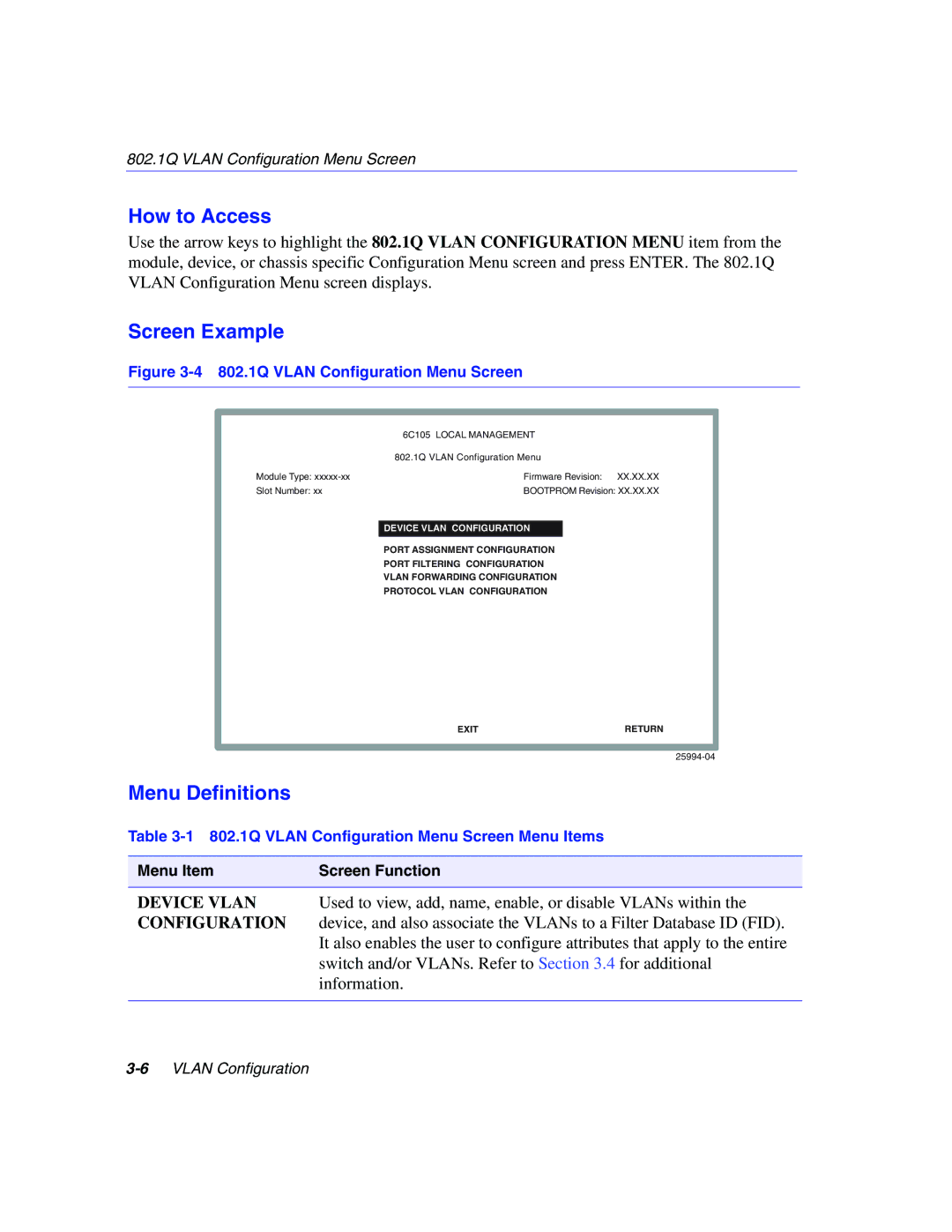 Enterasys Networks 802.1Q manual How to Access, Screen Example, Menu Definitions 