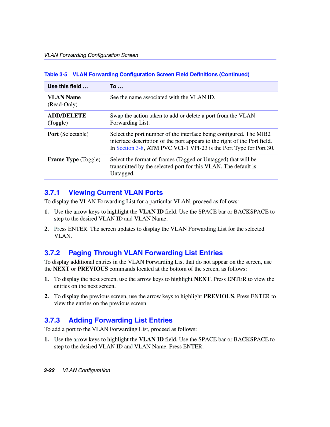 Enterasys Networks 802.1Q manual Viewing Current Vlan Ports, Paging Through Vlan Forwarding List Entries 