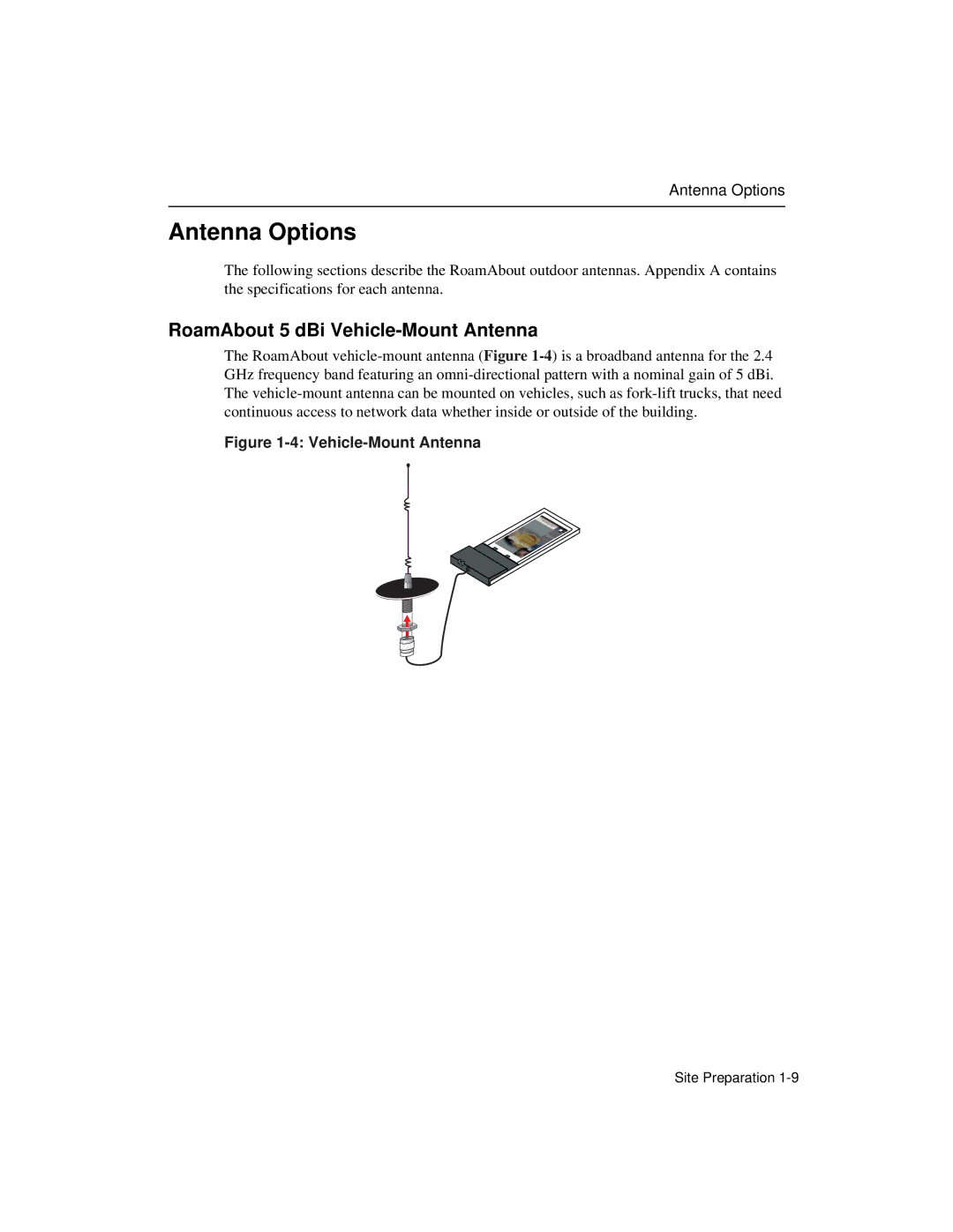 Enterasys Networks 9033348-02 manual Antenna Options, RoamAbout 5 dBi Vehicle-Mount Antenna 