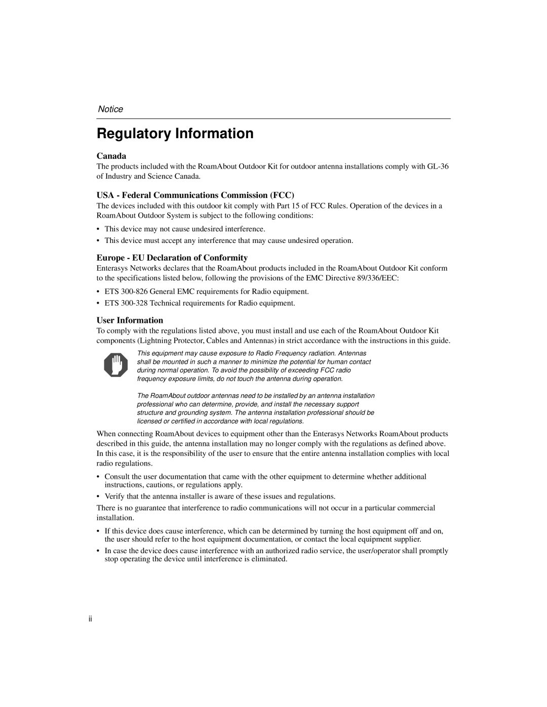 Enterasys Networks 9033348-02 manual Regulatory Information 