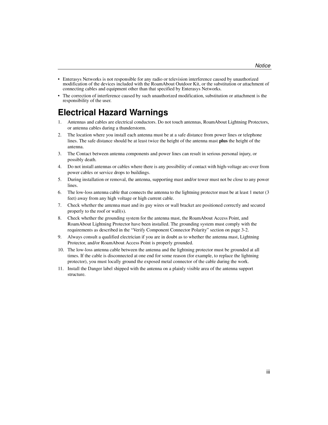 Enterasys Networks 9033348-02 manual Electrical Hazard Warnings 