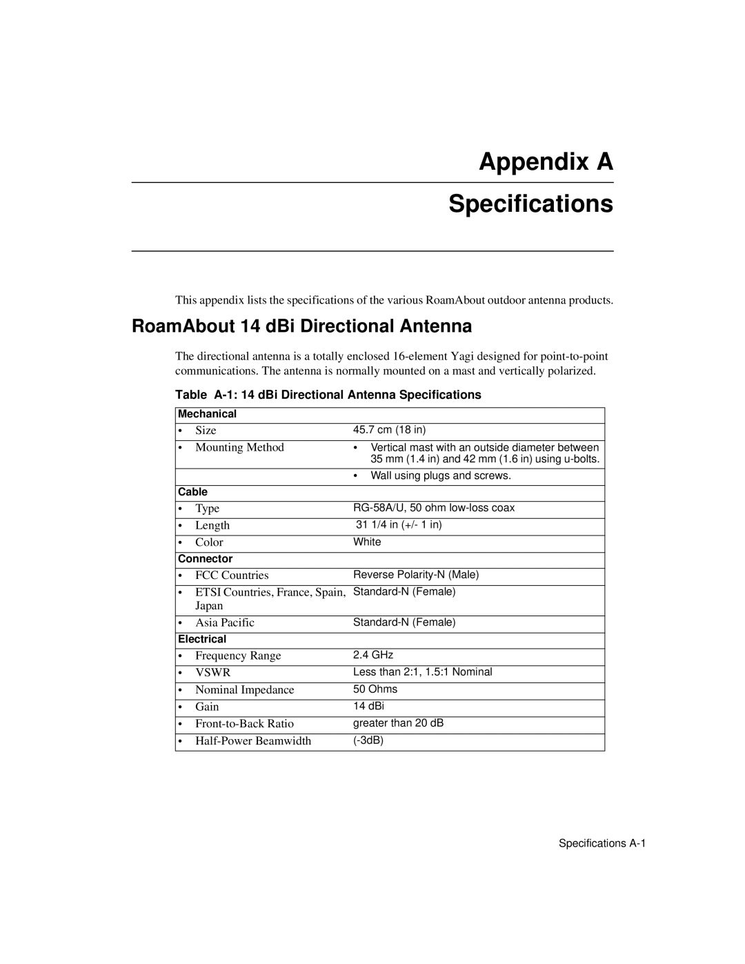 Enterasys Networks 9033348-02 RoamAbout 14 dBi Directional Antenna, Table A-1 14 dBi Directional Antenna Specifications 