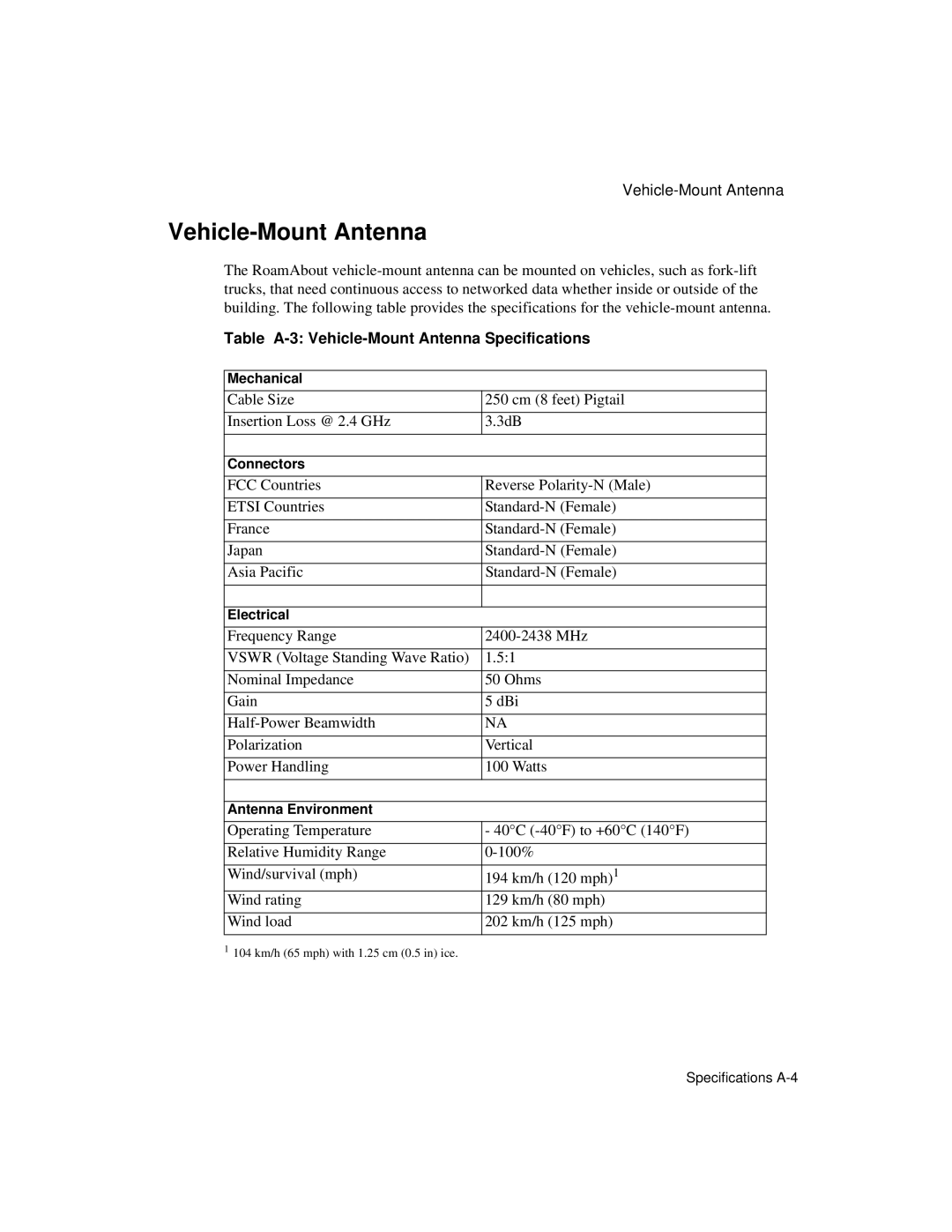 Enterasys Networks 9033348-02 manual Table A-3 Vehicle-Mount Antenna Specifications 