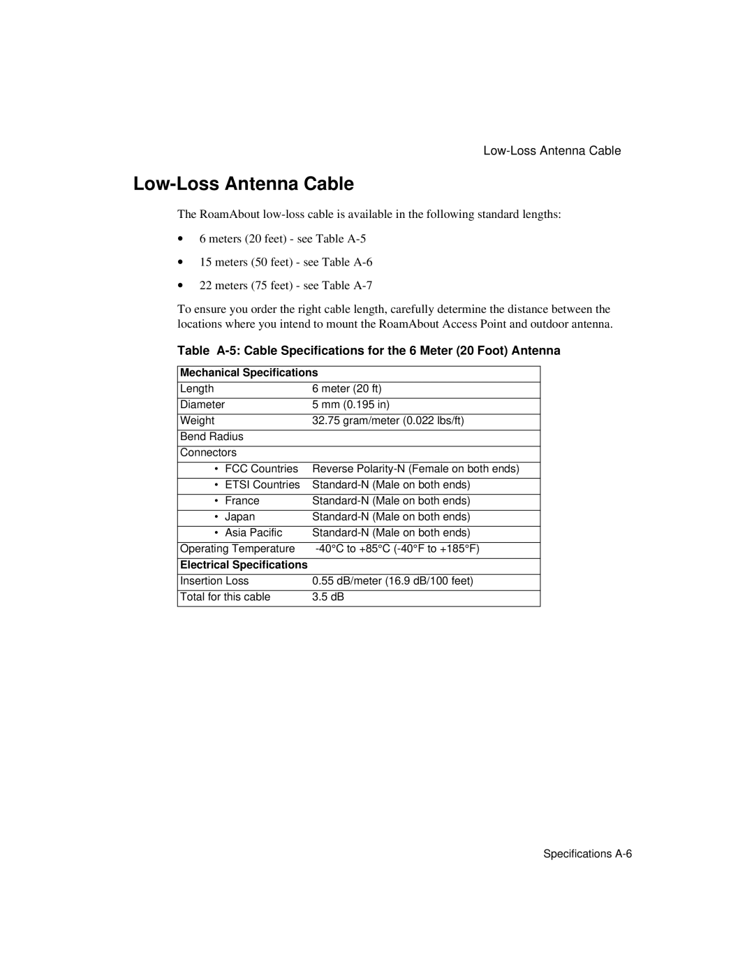 Enterasys Networks 9033348-02 manual Low-Loss Antenna Cable, Mechanical Specifications 