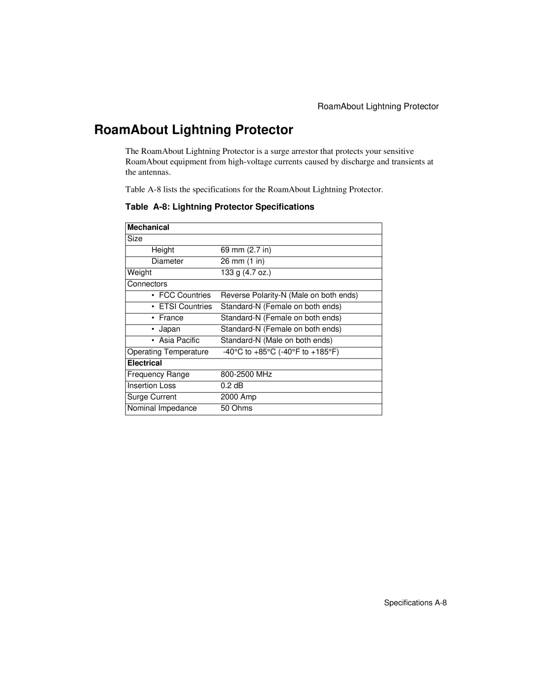 Enterasys Networks 9033348-02 manual RoamAbout Lightning Protector, Table A-8 Lightning Protector Specifications 