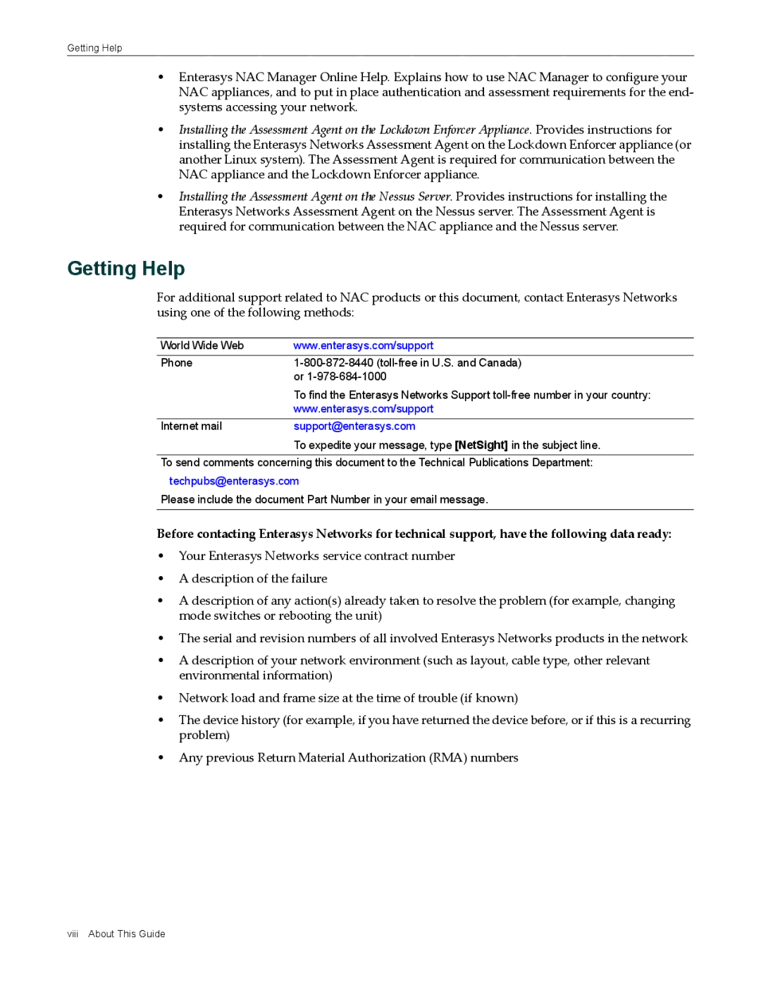 Enterasys Networks 9034385 manual Getting Help, Support@enterasys.com 