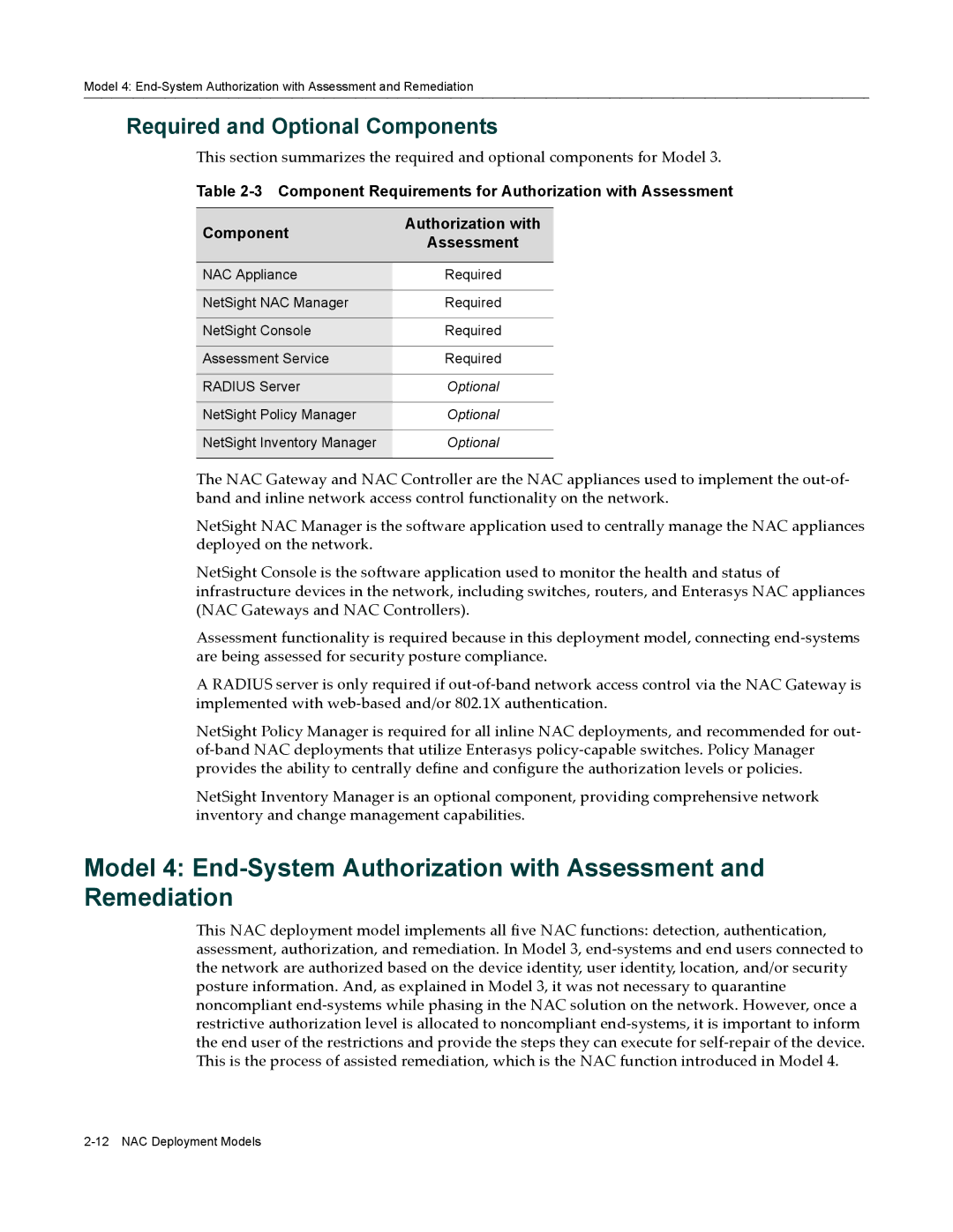 Enterasys Networks 9034385 manual Component Requirements for Authorization with Assessment 