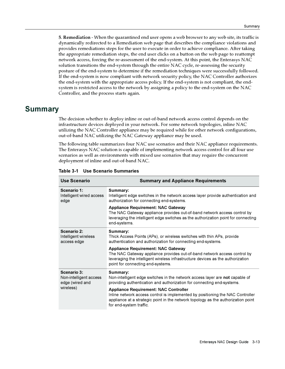 Enterasys Networks 9034385 manual Use Scenario Summaries Summary and Appliance Requirements 