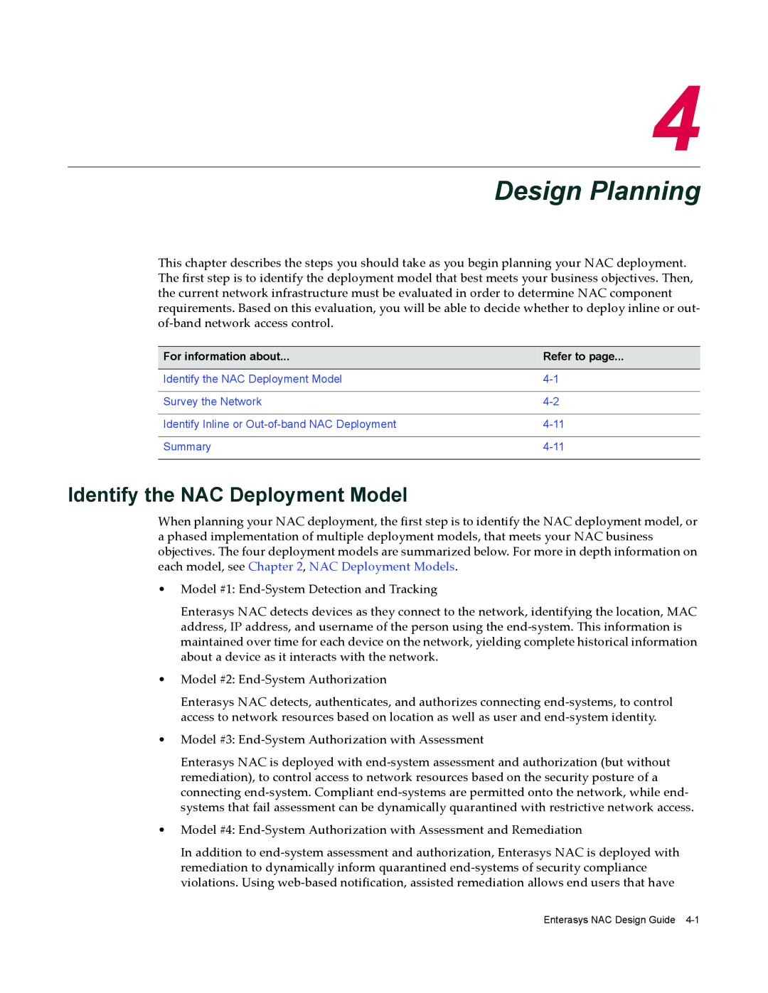 Enterasys Networks 9034385 manual Design Planning, Identify the NAC Deployment Model 