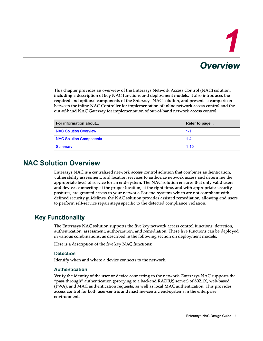 Enterasys Networks 9034385 manual NAC Solution Overview, Key Functionality, Detection, Authentication 