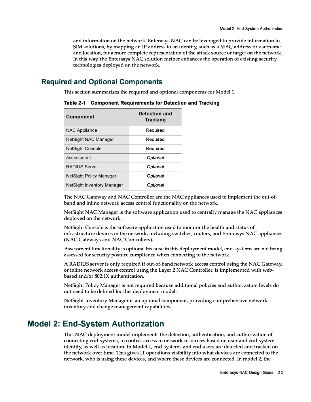 Enterasys Networks 9034385 Model 2 End-System Authorization, Required and Optional Components, Detection and, Tracking 