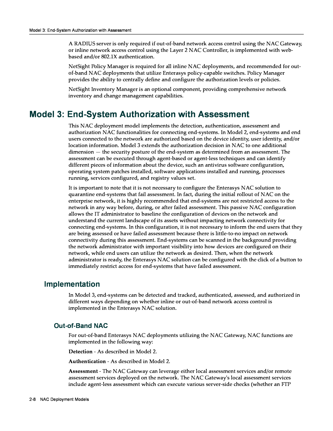 Enterasys Networks 9034385 manual Model 3 End-System Authorization with Assessment, Implementation, Out-of-Band NAC 