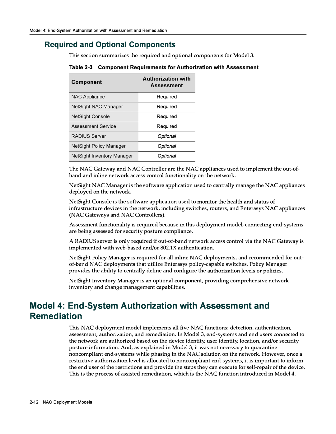 Enterasys Networks 9034385 manual Model 4 End-System Authorization with Assessment and Remediation, Component 