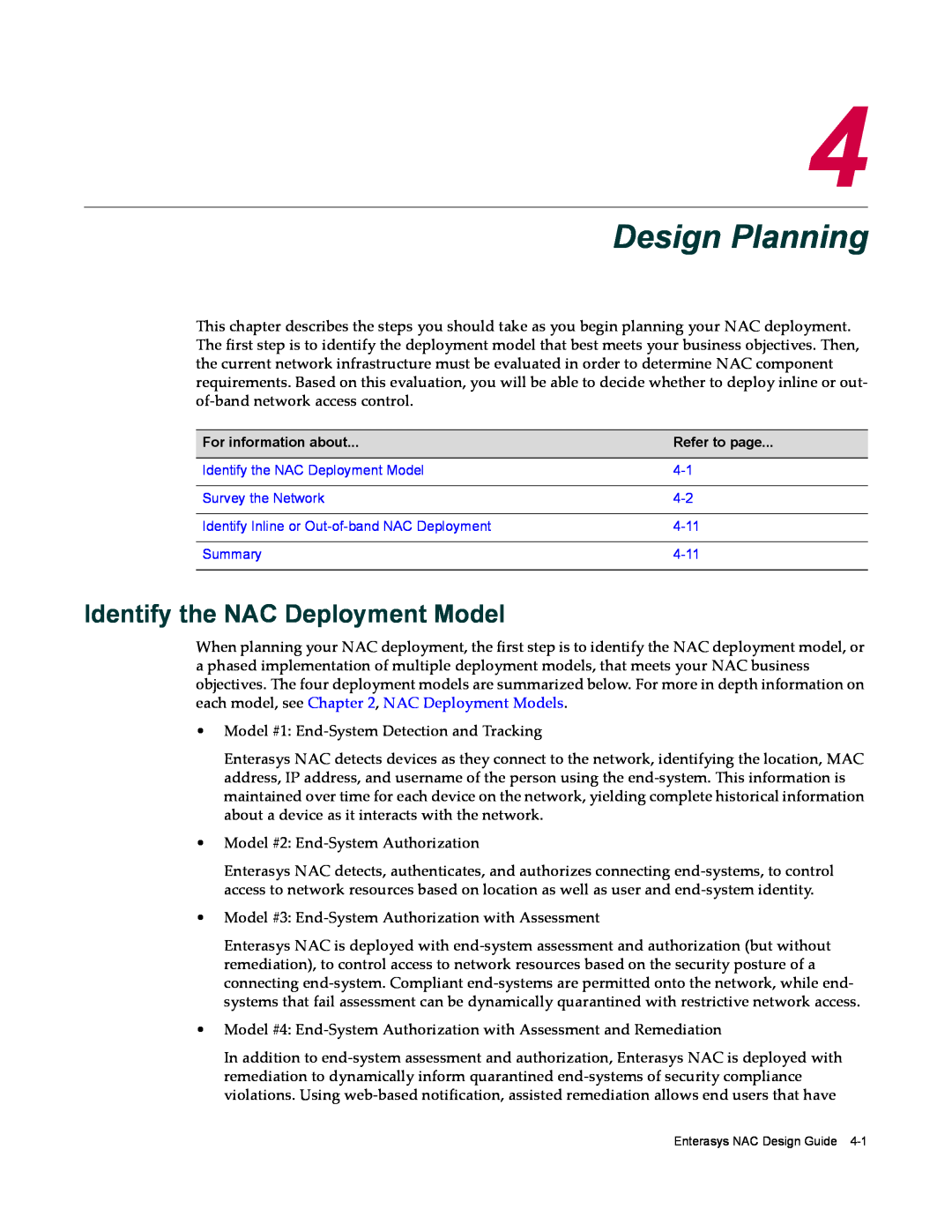 Enterasys Networks 9034385 manual Design Planning, Identify the NAC Deployment Model 