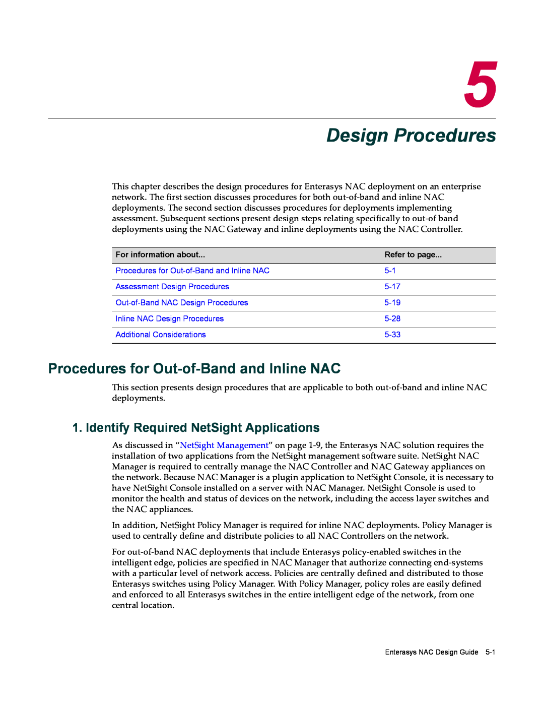 Enterasys Networks 9034385 manual Design Procedures, Procedures for Out-of-Band and Inline NAC 