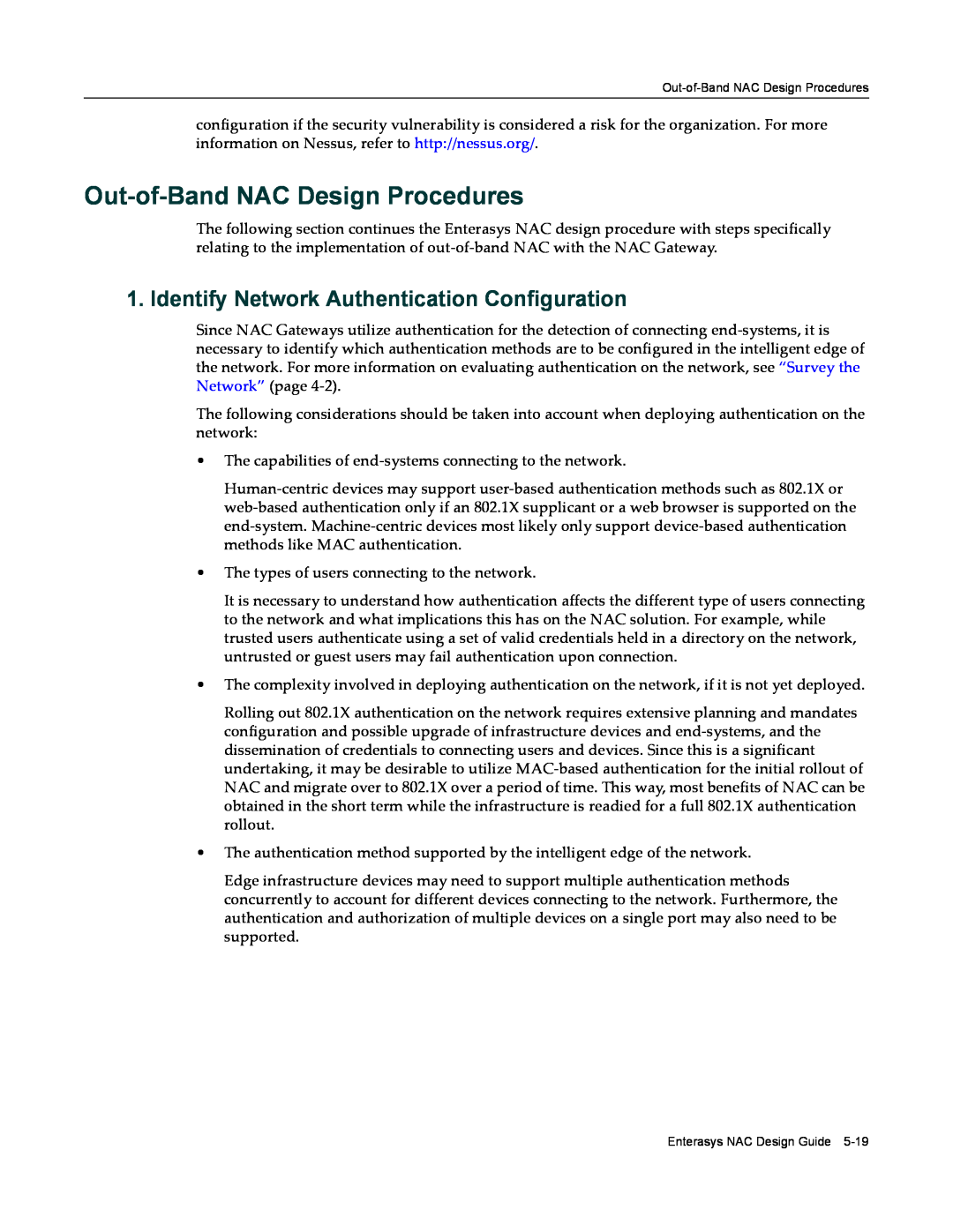 Enterasys Networks 9034385 manual Out-of-Band NAC Design Procedures, Identify Network Authentication Configuration 