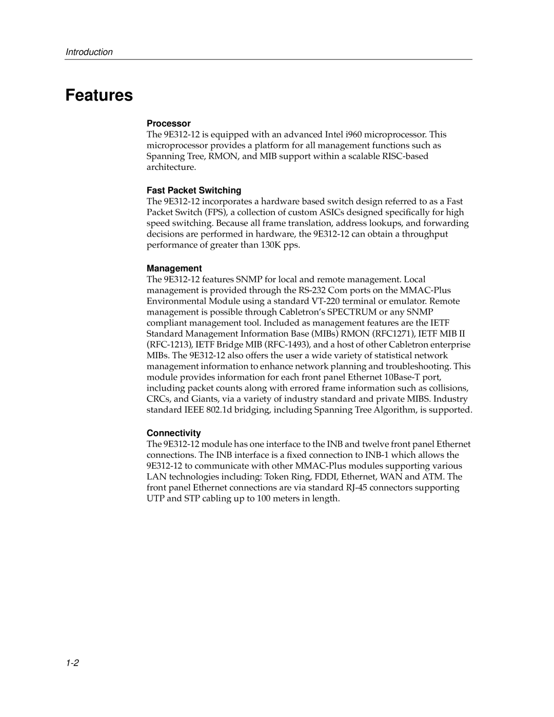 Enterasys Networks 9E312-12 manual Features, Processor 