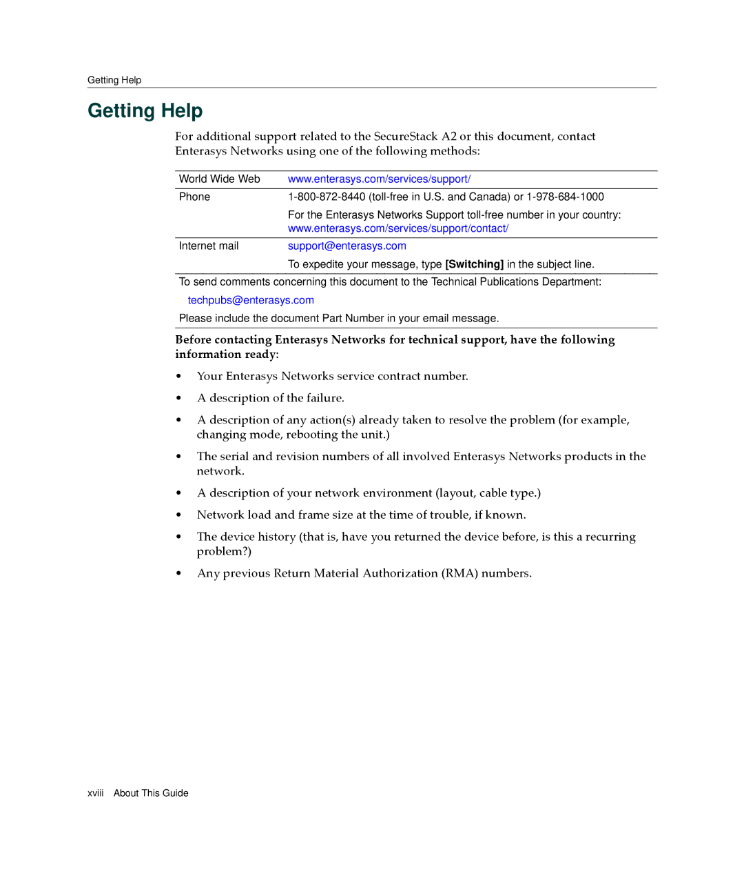 Enterasys Networks A2H123-24 manual Getting Help, Support@enterasys.com 