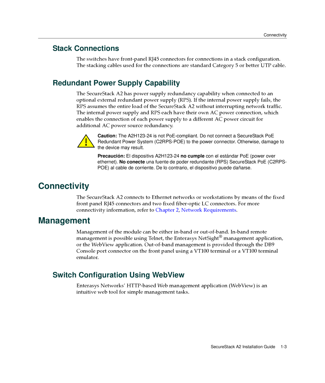 Enterasys Networks A2H123-24 manual Connectivity, Management, Stack Connections, Redundant Power Supply Capability 