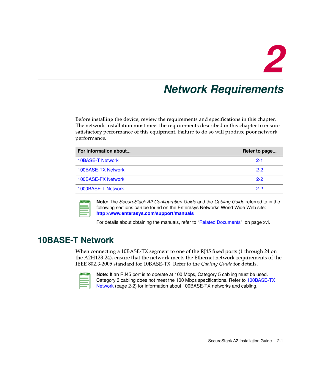 Enterasys Networks A2H123-24 manual Network Requirements, 10BASE-T Network 