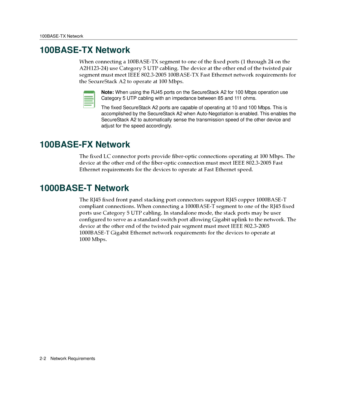 Enterasys Networks A2H123-24 manual 100BASE-TX Network, 100BASE-FX Network, 1000BASE-T Network 