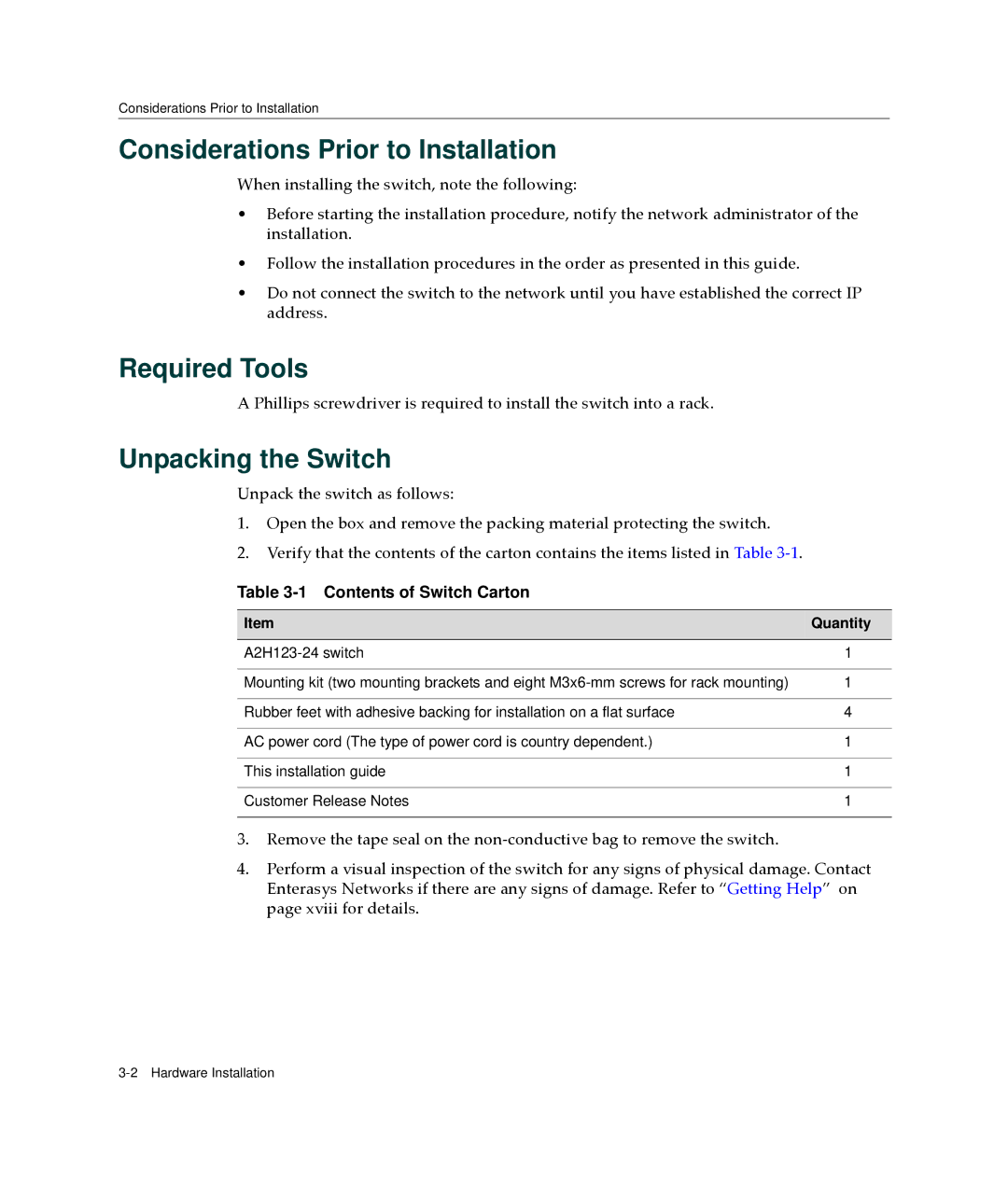 Enterasys Networks A2H123-24 manual Considerations Prior to Installation, Required Tools, Unpacking the Switch 