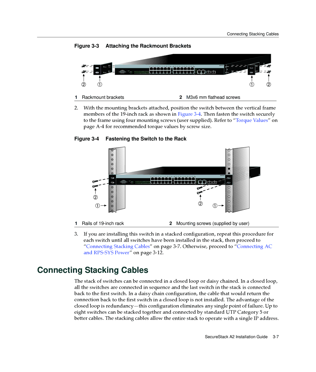 Enterasys Networks A2H123-24 manual Connecting Stacking Cables, Attaching the Rackmount Brackets 