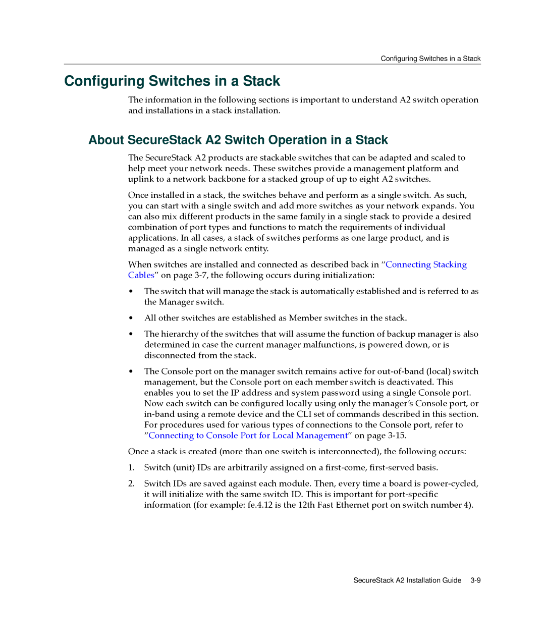 Enterasys Networks A2H123-24 manual Configuring Switches in a Stack, About SecureStack A2 Switch Operation in a Stack 