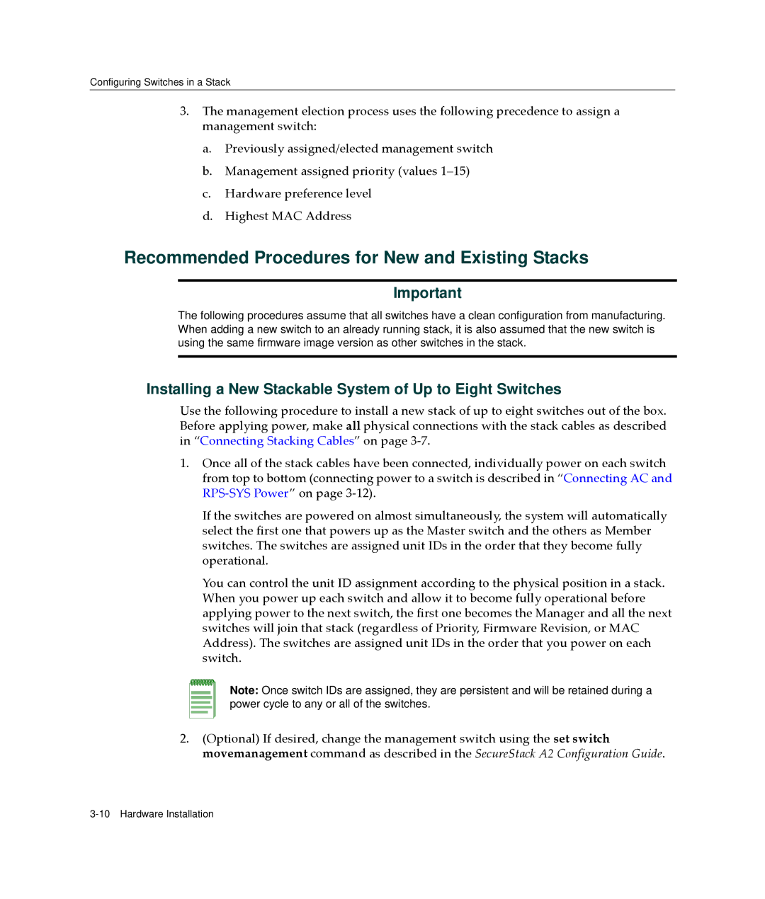 Enterasys Networks A2H123-24 manual Recommended Procedures for New and Existing Stacks 