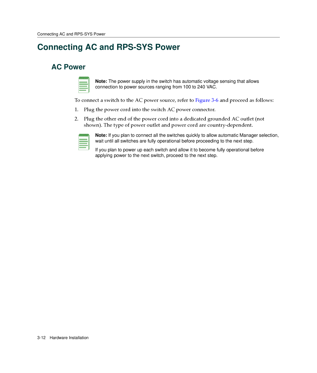 Enterasys Networks A2H123-24 manual Connecting AC and RPS-SYS Power, AC Power 