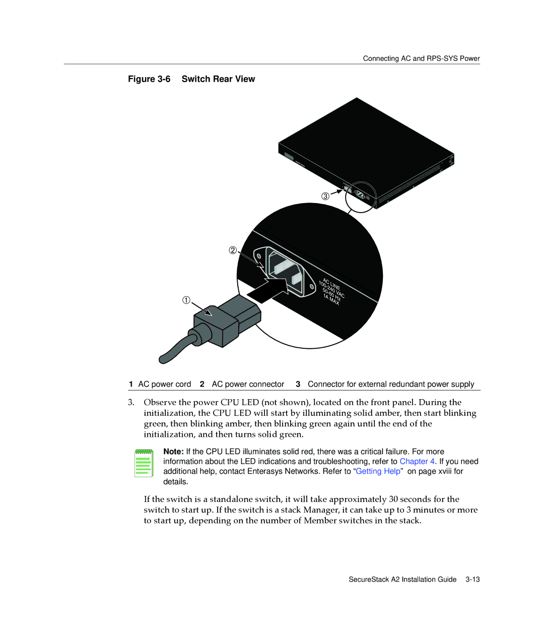 Enterasys Networks A2H123-24 manual Switch Rear View 