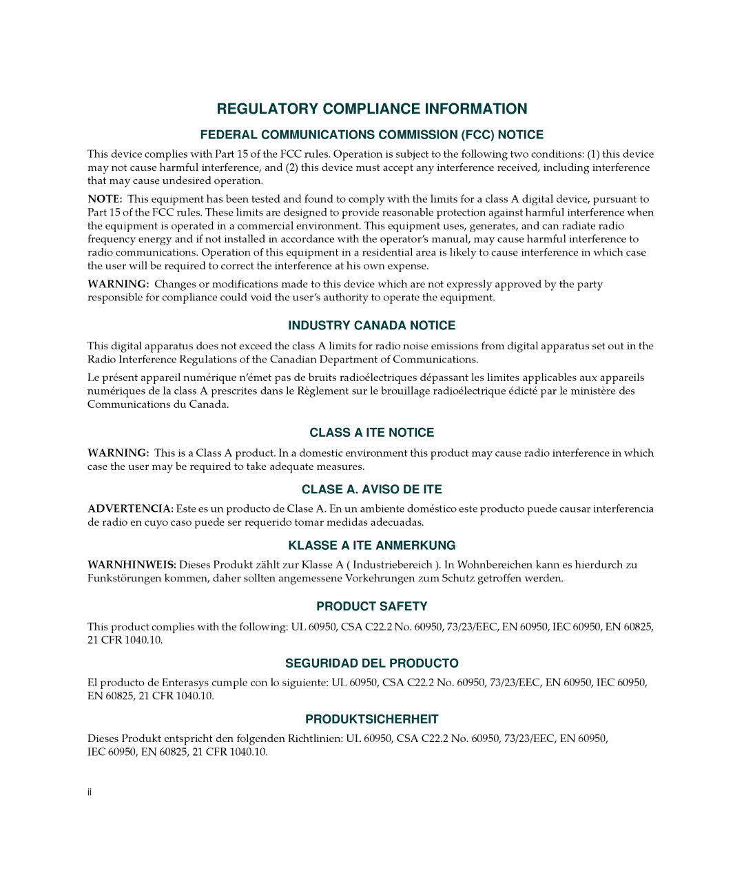 Enterasys Networks A2H123-24 manual Regulatory Compliance Information 