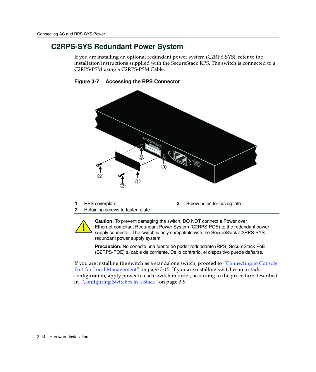 Enterasys Networks A2H123-24 manual C2RPS-SYS Redundant Power System, RPS coverplate Screw holes for coverplate 