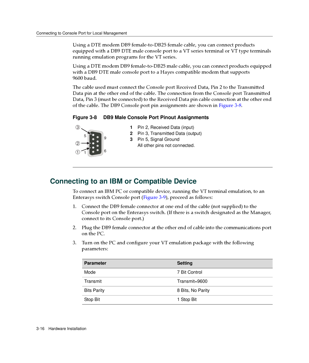 Enterasys Networks A2H123-24 manual Connecting to an IBM or Compatible Device, Parameter Setting 