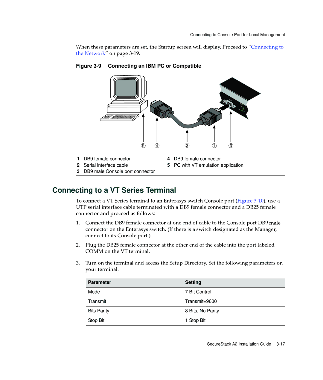 Enterasys Networks A2H123-24 manual Connecting to a VT Series Terminal, Connecting an IBM PC or Compatible 