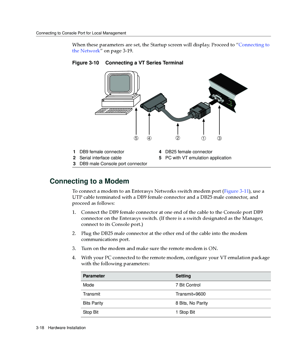 Enterasys Networks A2H123-24 manual Connecting to a Modem, Connecting a VT Series Terminal 