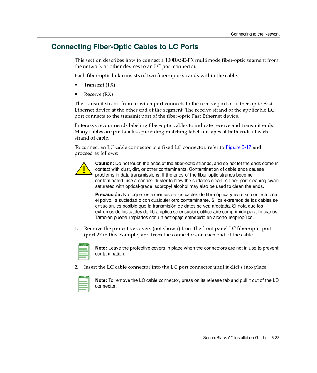 Enterasys Networks A2H123-24 manual Connecting Fiber-Optic Cables to LC Ports 