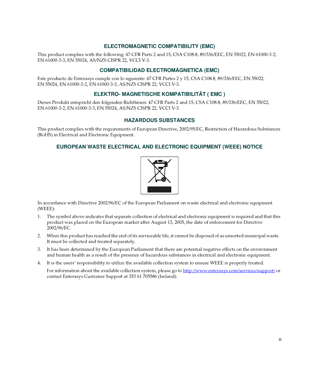 Enterasys Networks A2H123-24 manual Electromagnetic Compatibility EMC 