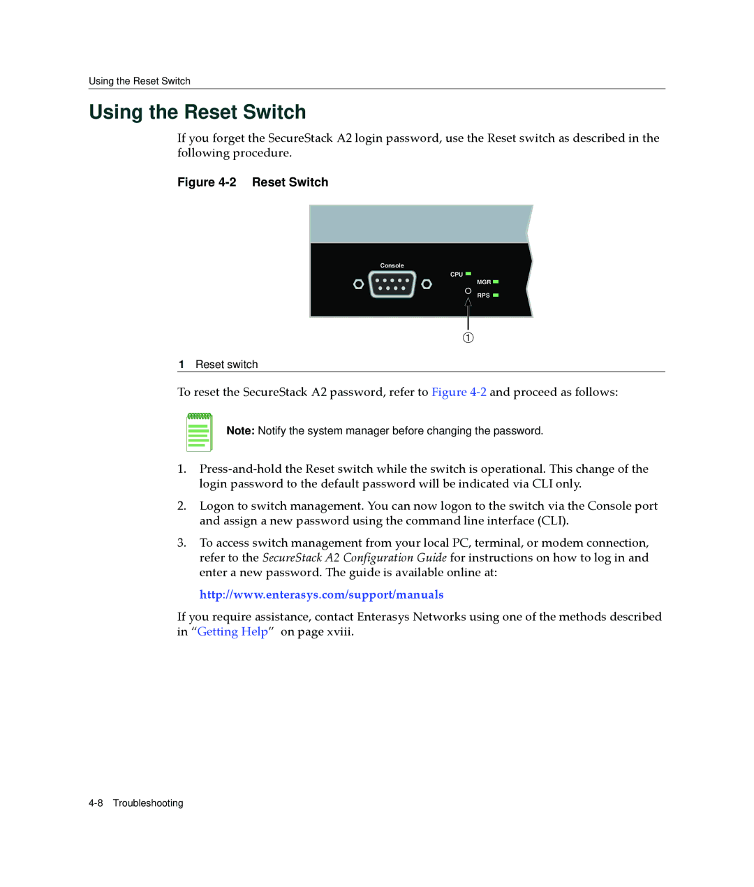 Enterasys Networks A2H123-24 manual Using the Reset Switch 