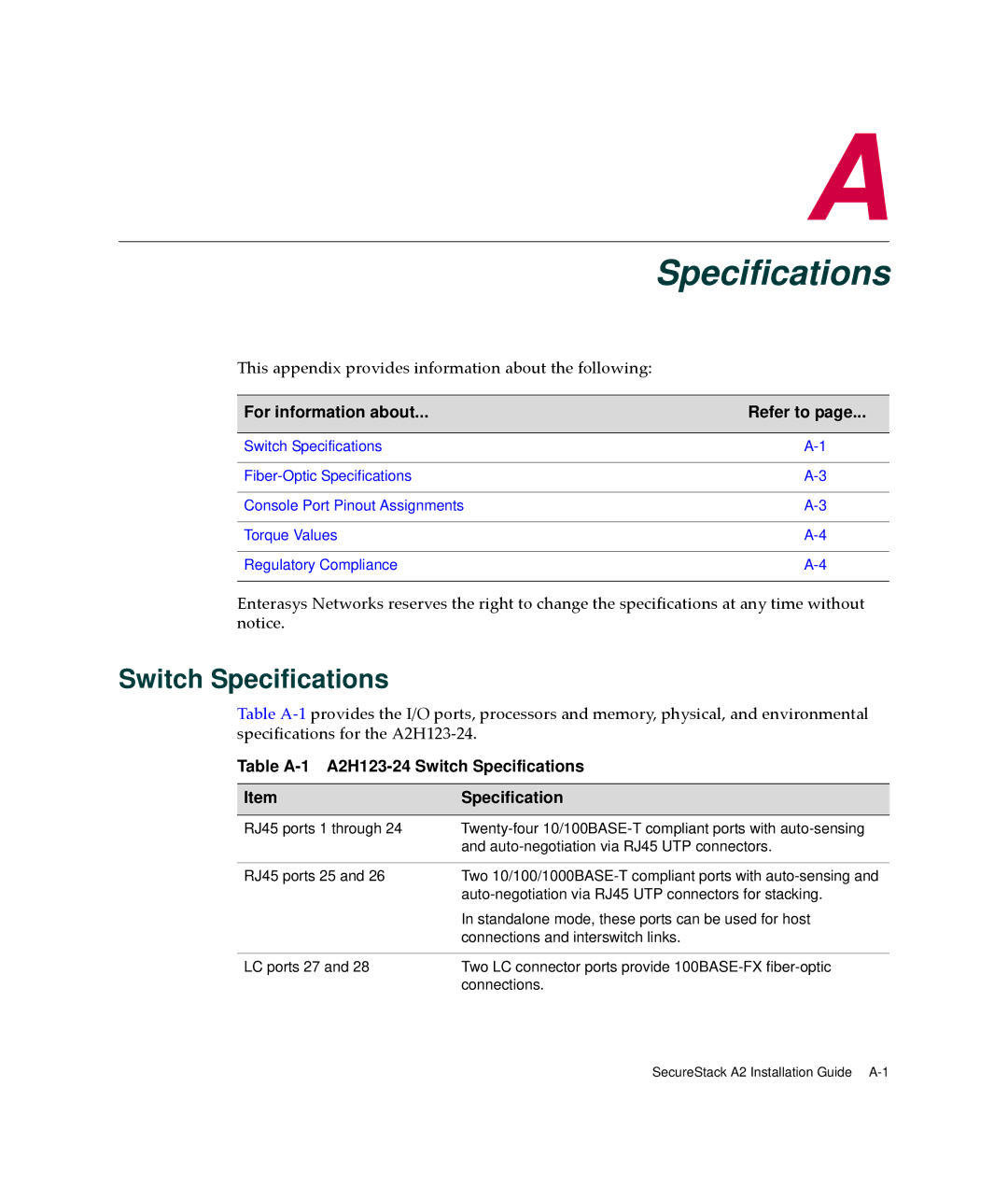 Enterasys Networks A2H123-24 manual Switch Specifications 