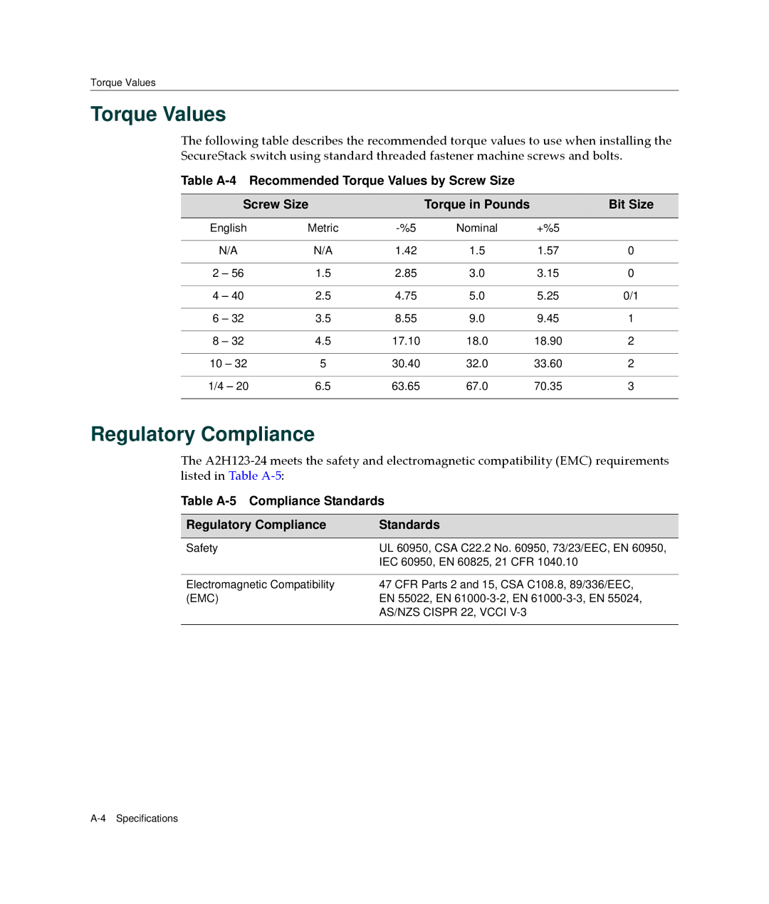 Enterasys Networks A2H123-24 manual Torque Values, Regulatory Compliance 