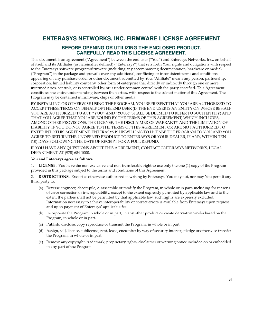 Enterasys Networks A2H123-24 manual Enterasys NETWORKS, INC. Firmware License Agreement 