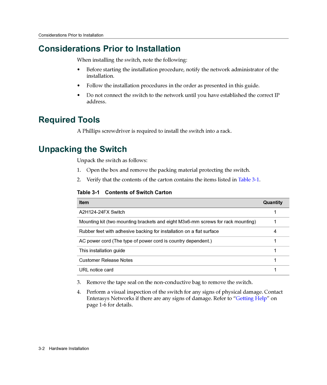 Enterasys Networks A2H124-24FX manual Considerations Prior to Installation, Required Tools, Unpacking the Switch 