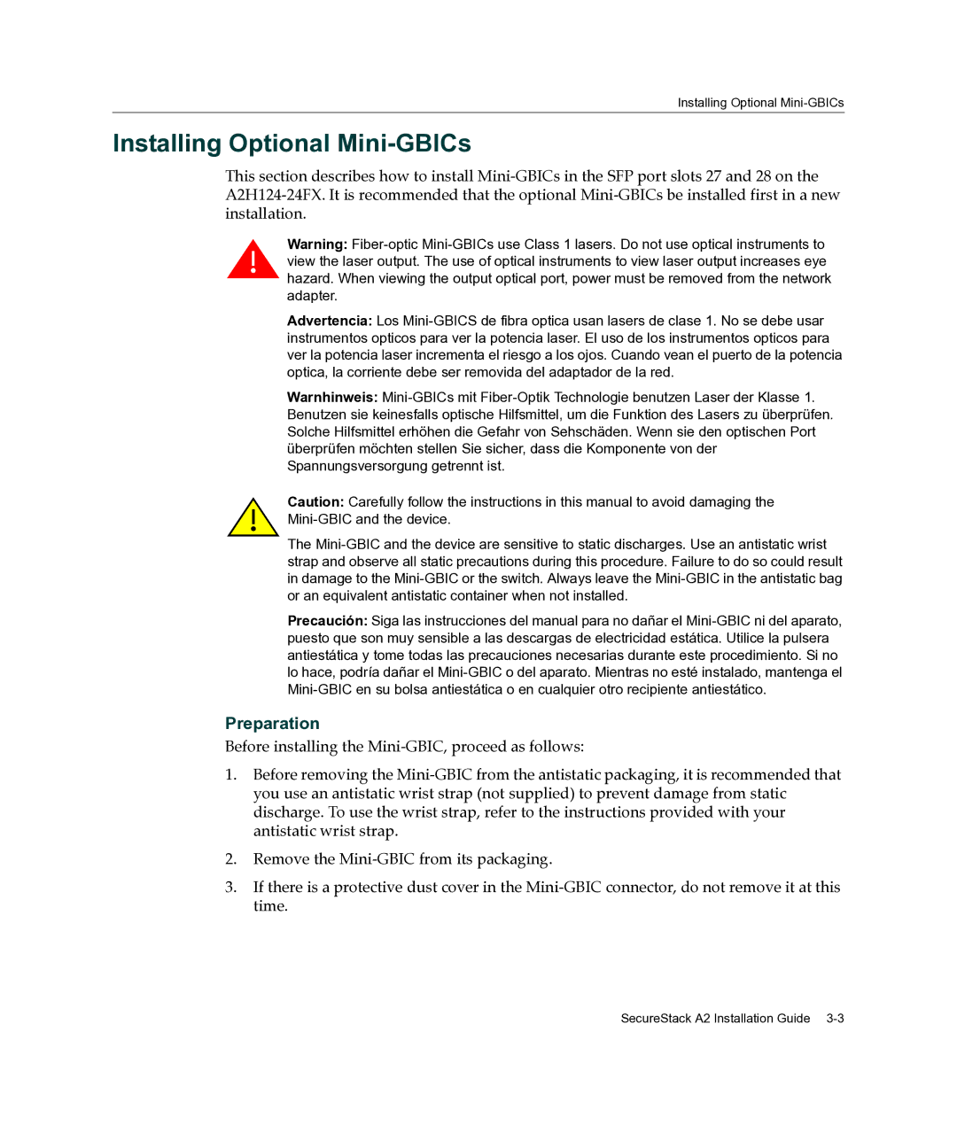 Enterasys Networks A2H124-24FX manual Installing Optional Mini-GBICs, Preparation 