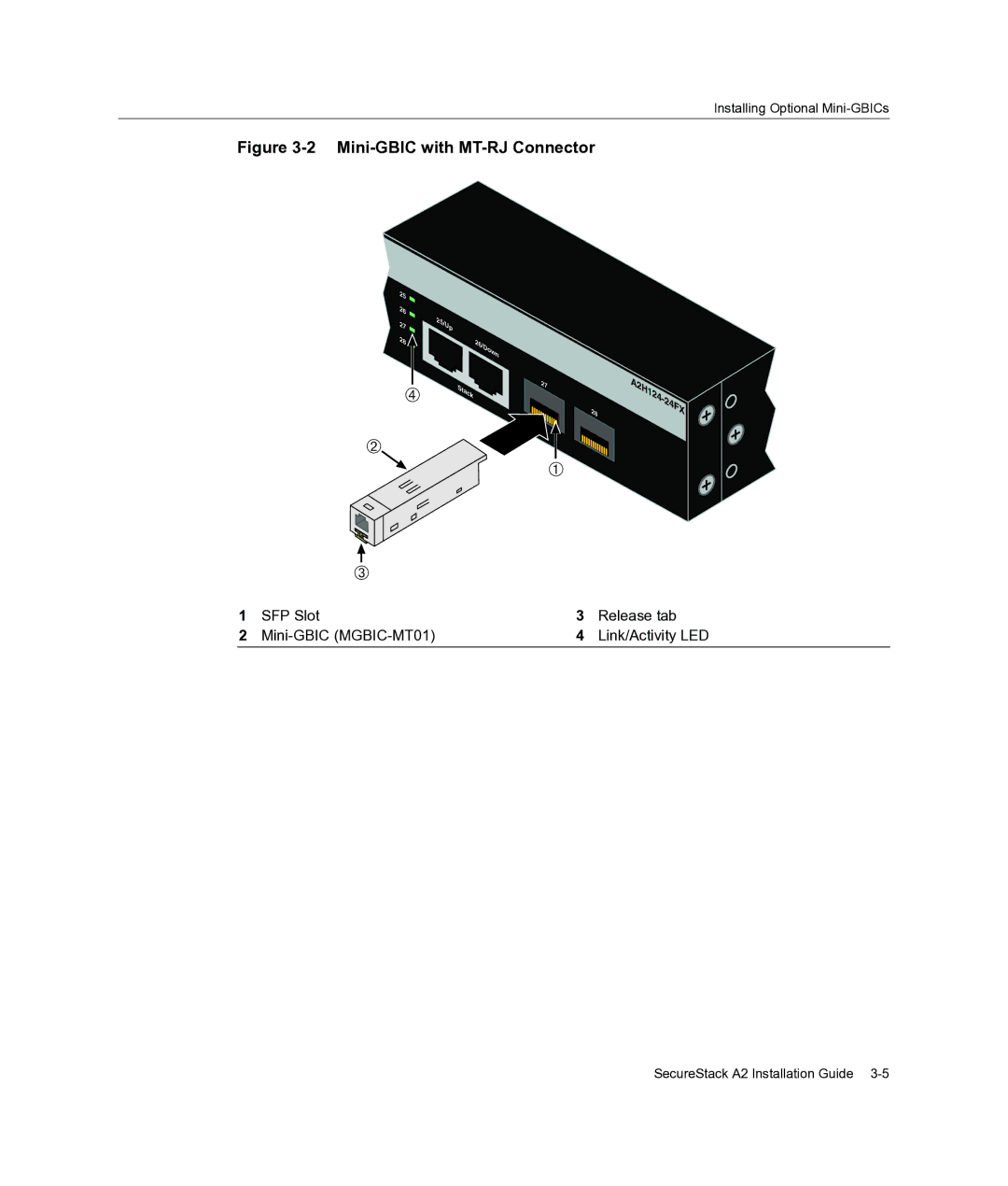 Enterasys Networks A2H124-24FX manual Mini-GBIC with MT-RJ Connector 