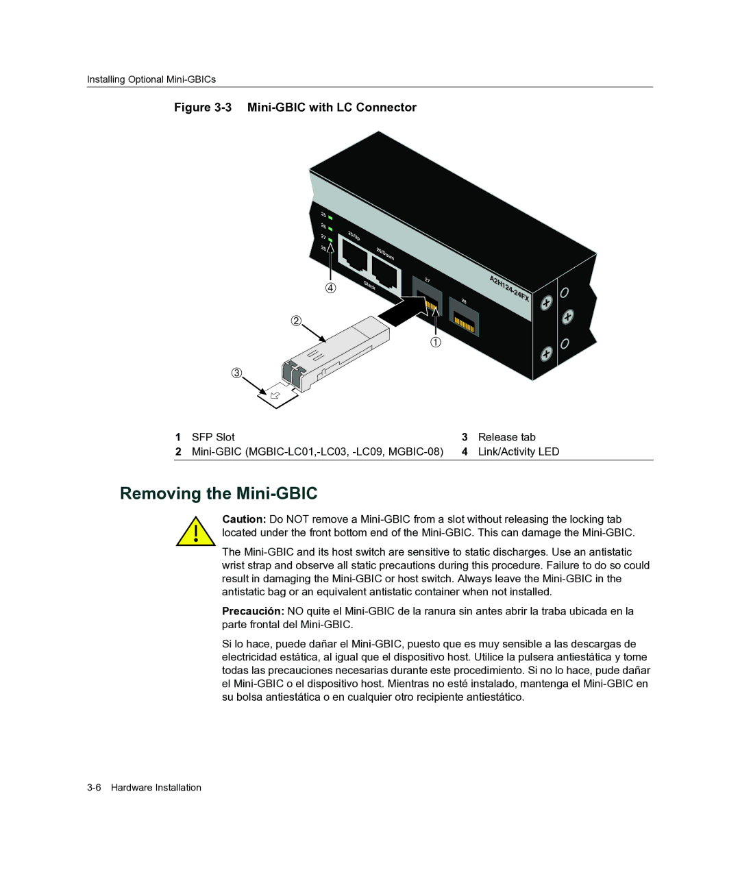 Enterasys Networks A2H124-24FX manual Removing the Mini-GBIC, Mini-GBIC with LC Connector 