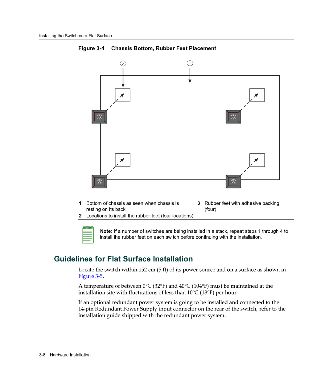 Enterasys Networks A2H124-24FX manual Guidelines for Flat Surface Installation, Chassis Bottom, Rubber Feet Placement 