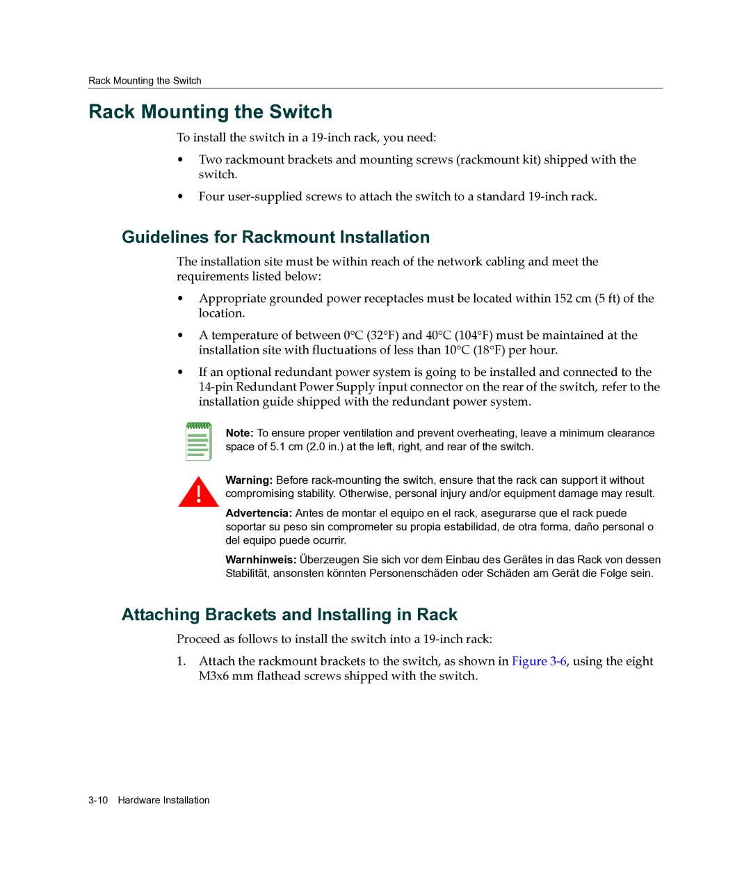 Enterasys Networks A2H124-24FX manual Rack Mounting the Switch, Guidelines for Rackmount Installation 