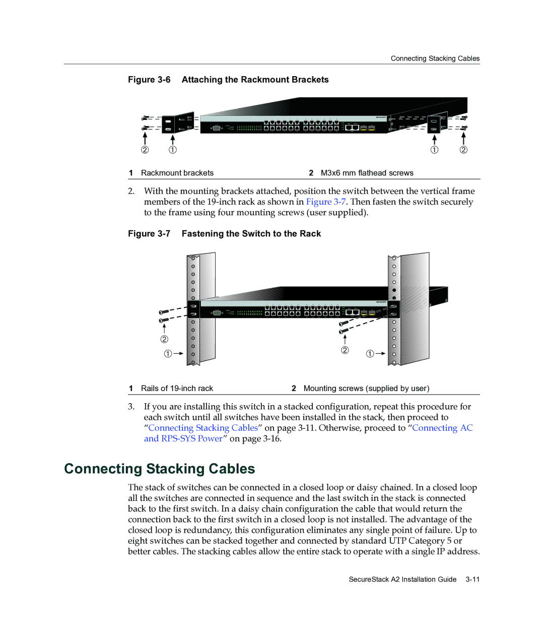 Enterasys Networks A2H124-24FX manual Connecting Stacking Cables, Attaching the Rackmount Brackets 